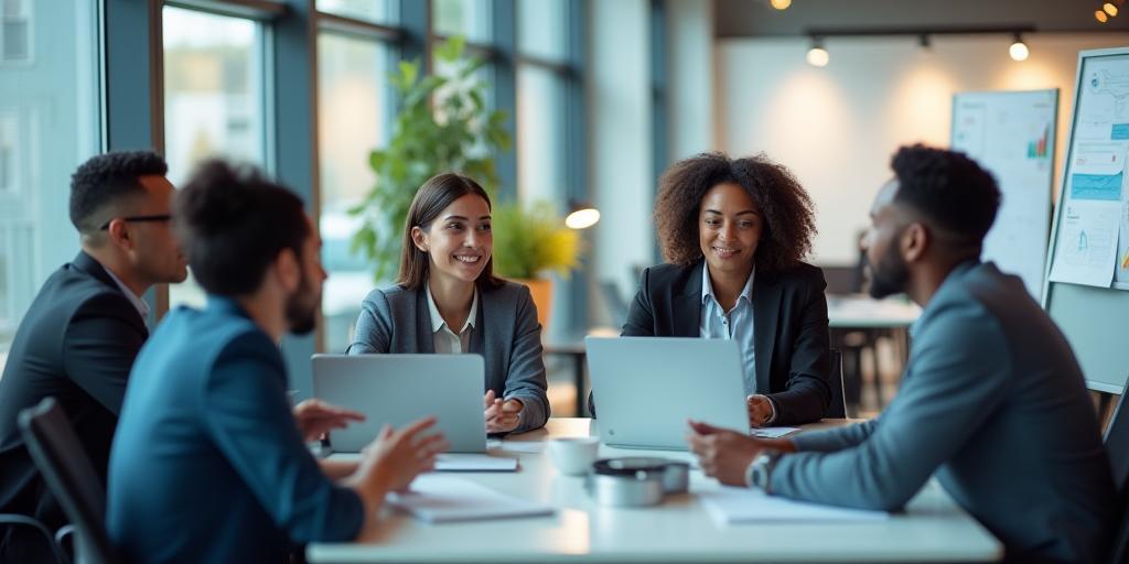 Diverse team collaborating in a modern office space, showcasing innovation and teamwork.