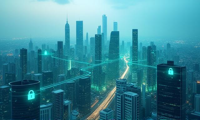 Smart city with data security concept overlay.