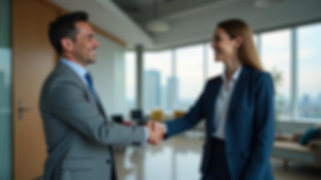 Two business professionals shaking hands in a modern setting, symbolizing partnership and trust.